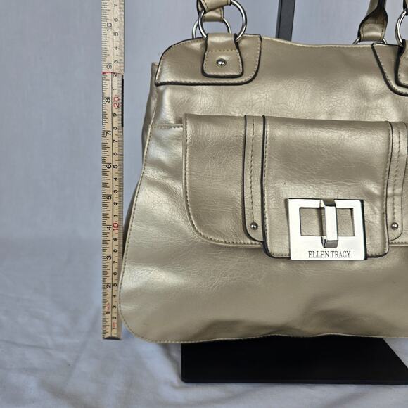 Ellen Tracy Leather Shoulder Bag Shimmer Gold Double Handle - Picture 10 of 16
